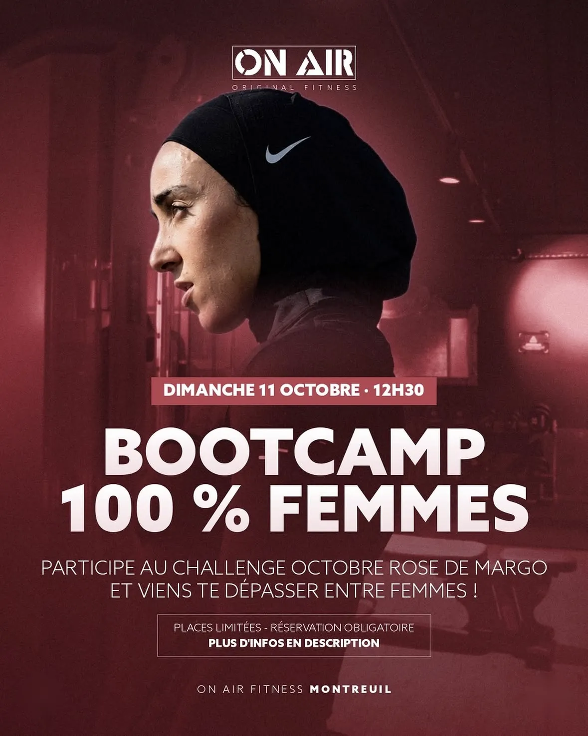 Affiche « Bootcamp 100 % femmes » d’On Air Fitness Montreuil : dimanche 11 octobre, 12 h 30, participe au challenge Octobre Rose de Margo et viens te dépasser entre femmes