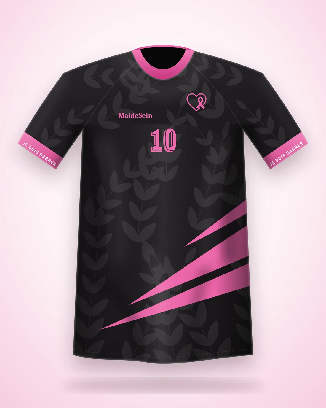 Illustration du maillot MAIDESEIN noir et rose, vu de face : logo en forme de cœur, numéro 10 et bandes roses